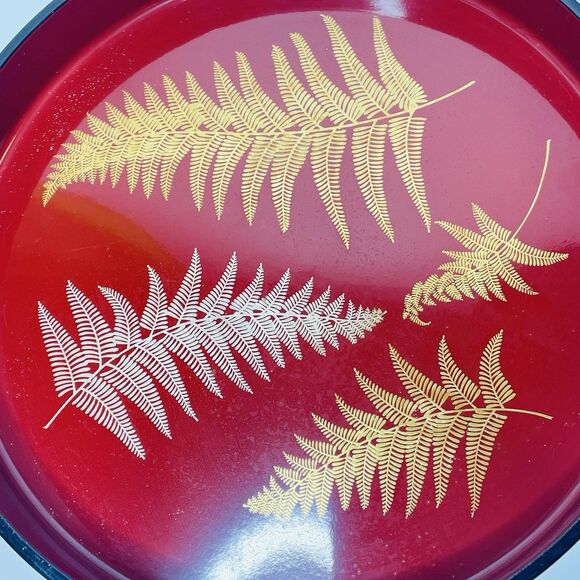 VTG Gold Silver Lacquerware Fern Rust Red Round Serving Tray 13" Marusei Japan - Picture 5 of 12